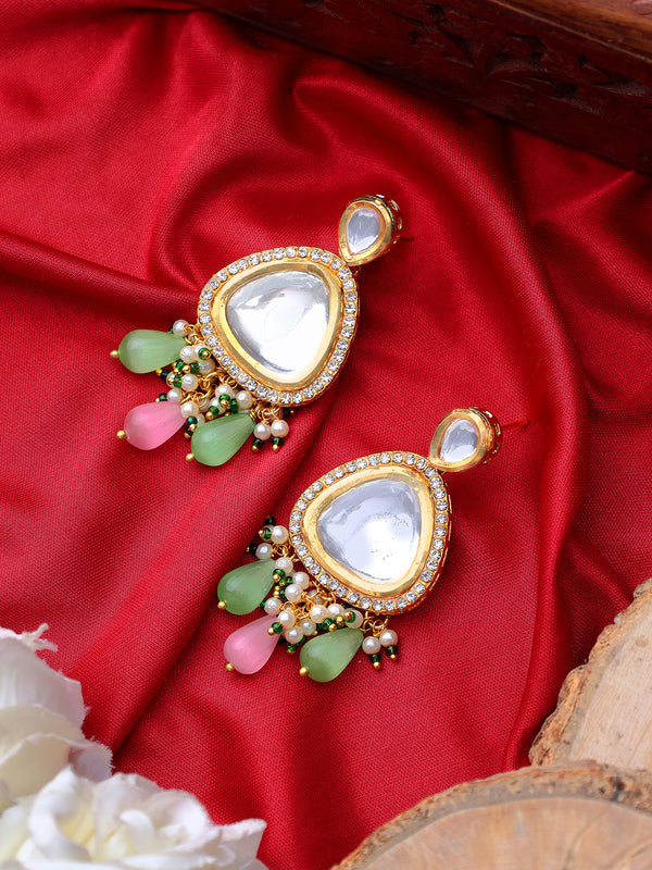 Polki Drop Earrings-Green & pink