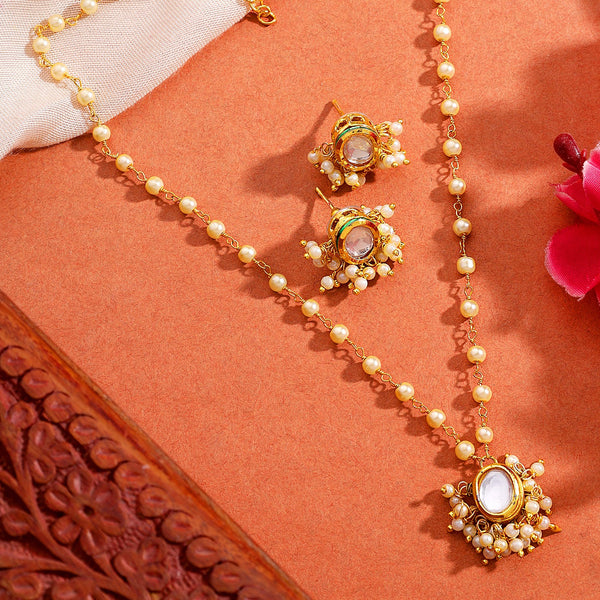 Oval Kundan Pearl Chain Necklace Set