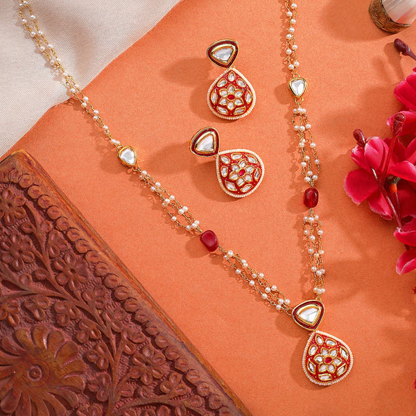 Red Jadau Kundan Pearl Chain Necklace